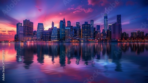 Hyperrealistic manhattan skyline at night with city lights reflecting on east river in long exposure © RECARTFRAME CH