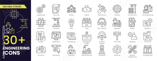 Engineering Editable Stroke icon set. Containing blueprint, engineer, tools, construction, mechanical, industrial, worker, engine, manufacturing and machinery icons. Editable Outline icon collection.