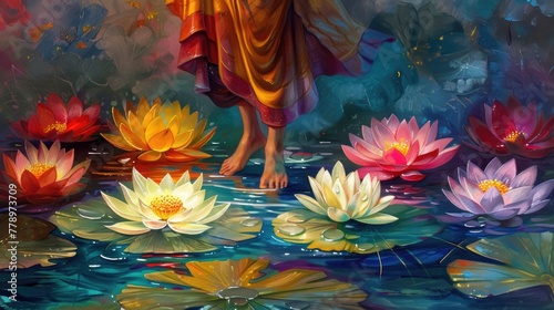 Realistic portrayal of Buddha stepping on vibrant lotus flowers, each bloom glowing softly © Pungu x