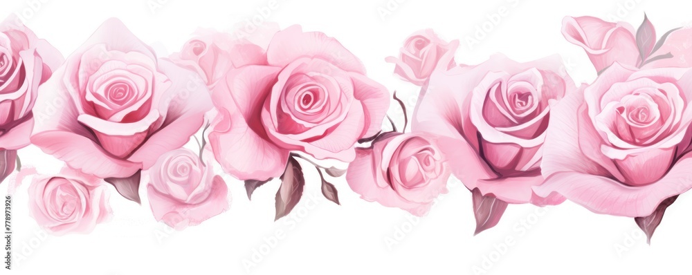 Pink roses watercolor clipart on white background, defined edges floral flower pattern background with copy space for design text or photo backdrop minimalistic