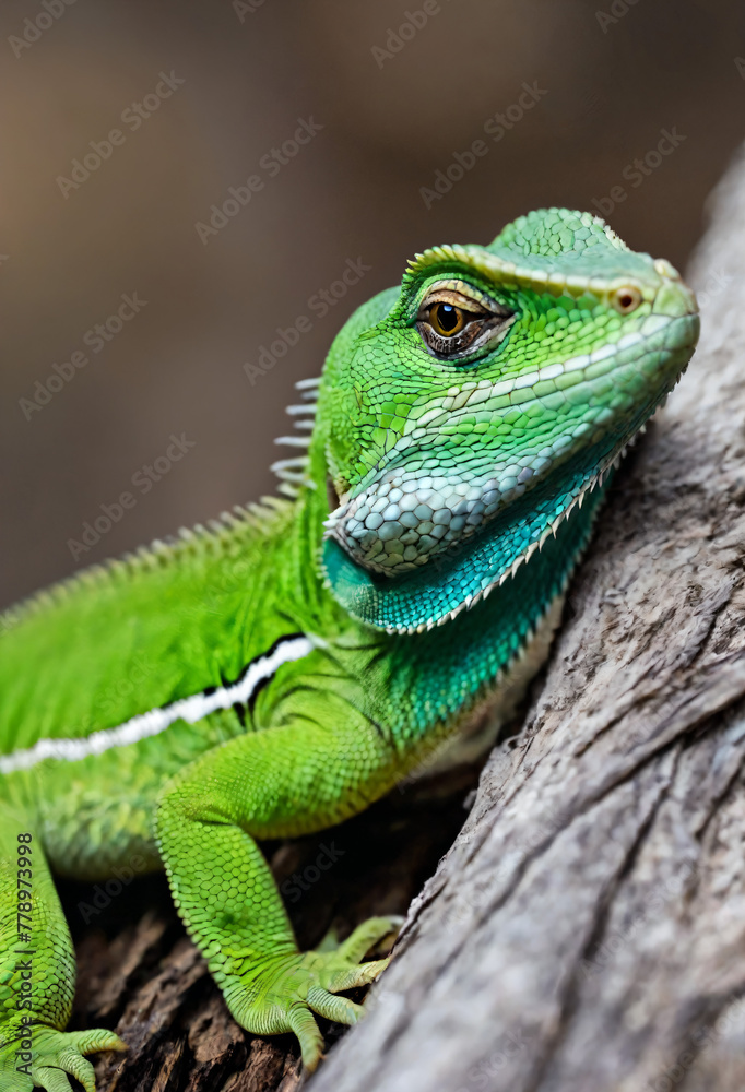 Photo of large green lizard. Iguana generated by artificial intelligence. Fantasy animals, new species, colorful exotic animals, bright colors, reptiles, alert eyes, scales, dinosaurs. Photo of large green lizard. Iguana generated by artificial intelligence. Fantasy animals, new species, colorful exotic animals, bright colors, reptiles, alert eyes, scales, dinosaurs.