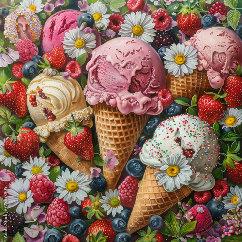 ice cream cones with fruits and flowers, spring spirit