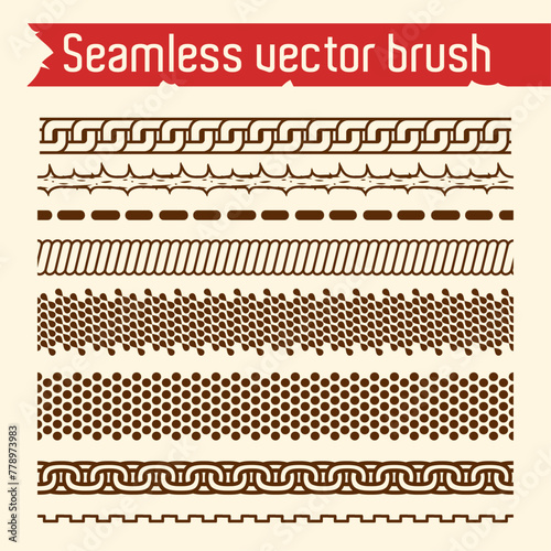 Collection of Seamless Vector Brushes in Brown Tones. Chain, rose thorns, thorns, rope, PC vents, clothing zipper.
