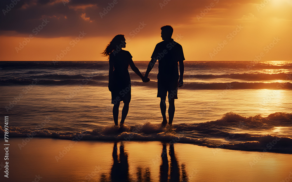 Sunset silhouette of a couple holding hands by the ocean, waves gently lapping at their feet