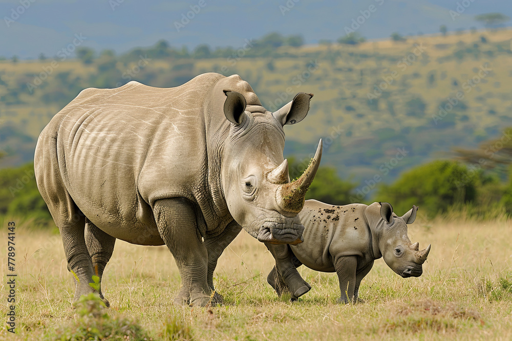 Obraz premium White Rhino Mother & Baby standing on an open grass plain
