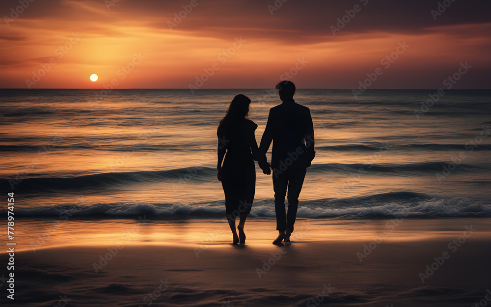 Sunset silhouette of a couple holding hands by the ocean, waves gently lapping at their feet