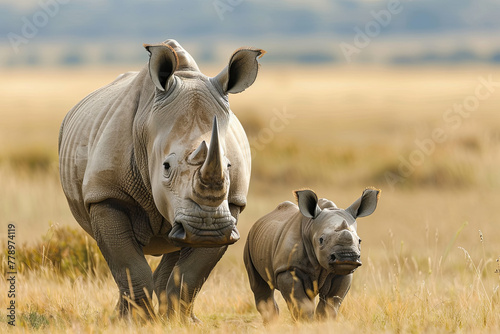 White Rhino Mother & Baby standing on an open grass plain photo