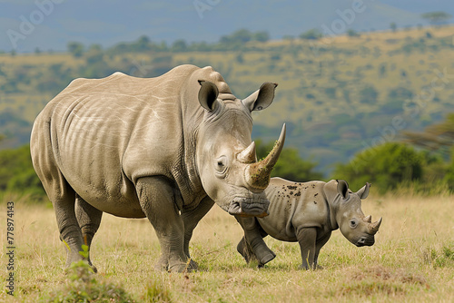 White Rhino Mother   Baby standing on an open grass plain