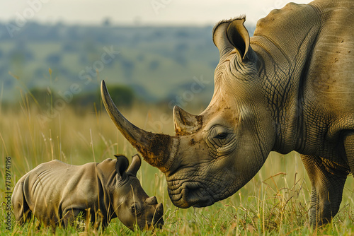White Rhino Mother & Baby standing on an open grass plain