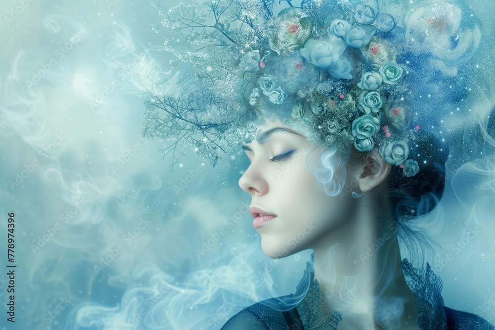 Surreal woman with whimsical thoughts floating around Surreal woman with whimsical thoughts floating around