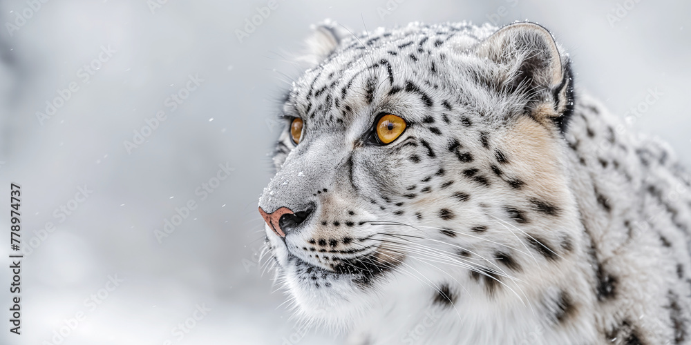 Fototapeta premium face of white snow leopard irbis in mountains in nature in snowy winter in wild