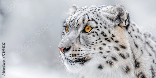 face of white snow leopard irbis in mountains in nature in snowy winter in wild