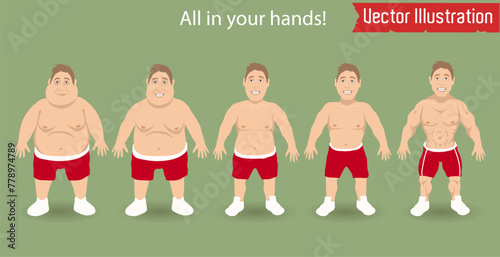 Fitness Transformation Stages Cartoon Illustration with Motivational Text
