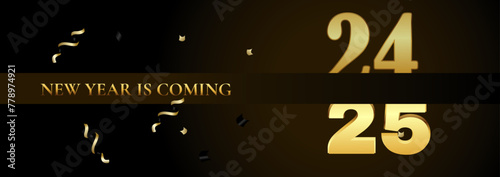 New Year 2025 celebration with golden numbers and elegant serpentine decoration, luxury holiday concept. Outgoing 2024 Happy New Year 2025 design for flyers, banners and calendars.