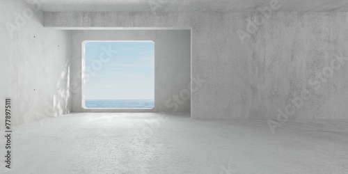 Abstract empty  modern concrete room with rectangle opening in the back wall and ocean view - industrial interior background template