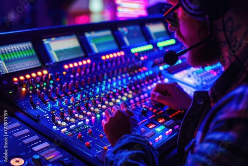 A sound engineer intently adjusts knobs and buttons on a large mixing console.