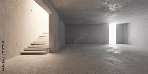 Abstract empty, modern concrete room with floating stairs and window opening in the back and rough floor - industrial interior background template © Shawn Hempel