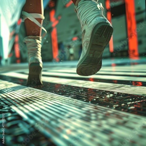 A professional photo of a girl walking along the road. Feet, boots, asphalt, pedestrian crossing