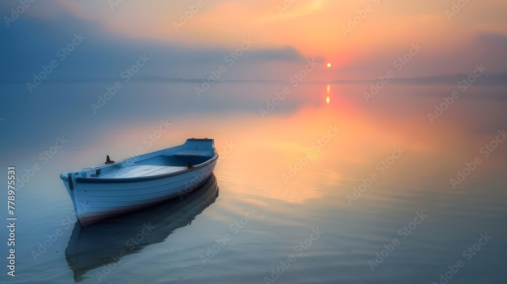 Tranquil Sunset at Sea - Lonely Boat on Calm Waters - Golden Hour Serenity