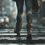 A professional photo of a girl walking along the road. Feet, boots, asphalt, pedestrian crossing