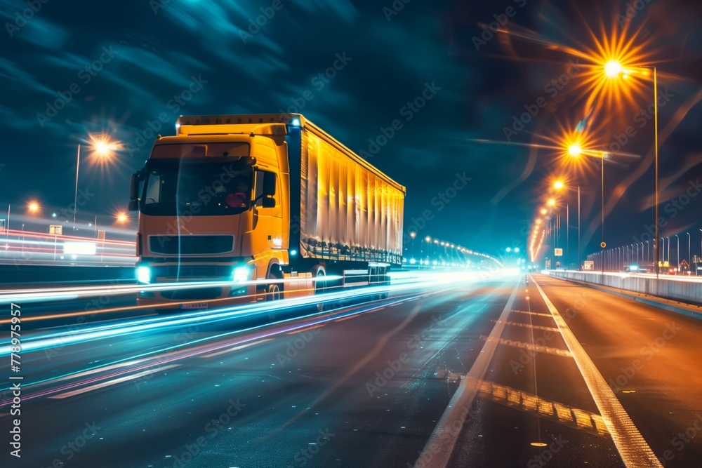 Fototapeta premium Trucks on highway in night time, motion blur, light trails 