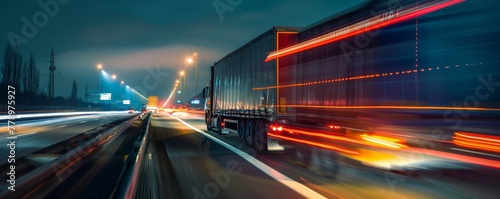 Trucks on highway in night time, motion blur, light trails 