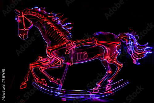 Eerie haunted rocking horse isotated on black background. © Neon Hub