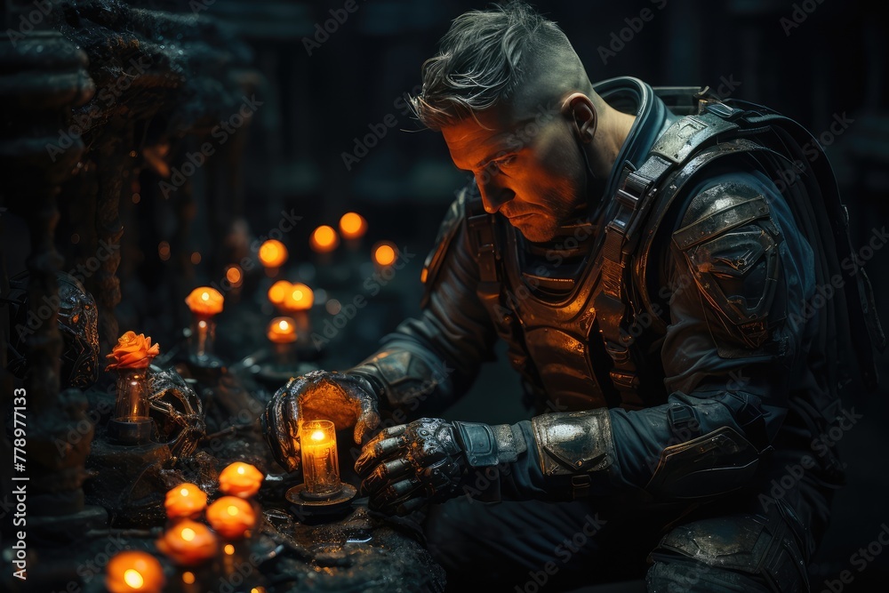 Futuristic soldier kneeling in a dark room illuminated by candles