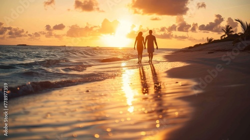 A couple walking hand in hand along a beach at dusk  the setting sun casting a warm glow on their faces.