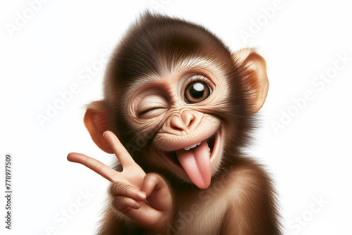 Funny monkey winking and sticking out tongue with copy space for text on white background