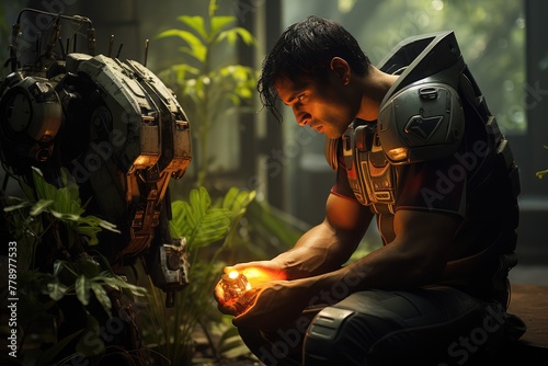 Futuristic soldier and robot companion exploring lush jungle ruins photo