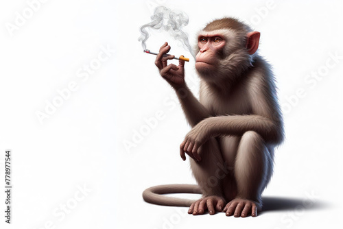 monkey smokes cigarette on a white background