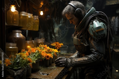 Thoughtful male astronaut in spacesuit standing near illuminated table with flower pots and jars