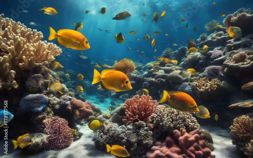 Underwater shot of a coral reef teeming with colorful fishes  sunlight filtering through the clear blue water