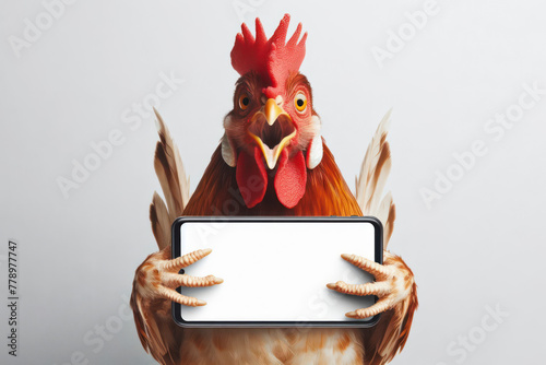 Shocked Chicken holding smartphone with white mockup screen on white background