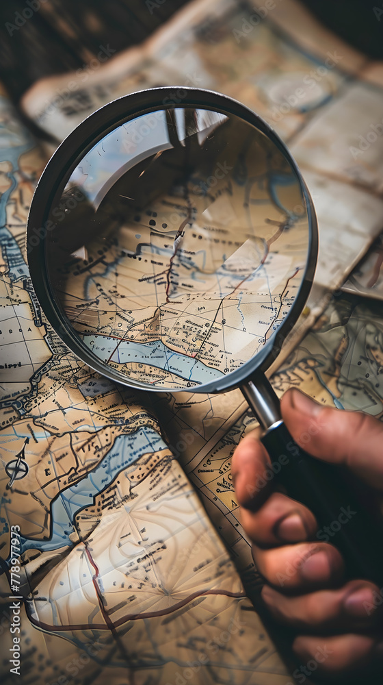 Detailed Examination: Magnifying Glass Amplifying a Specific Spot on a Detailed Map
