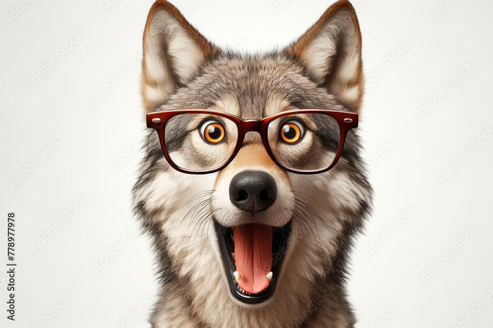Surprised wolf wear glasses on white background