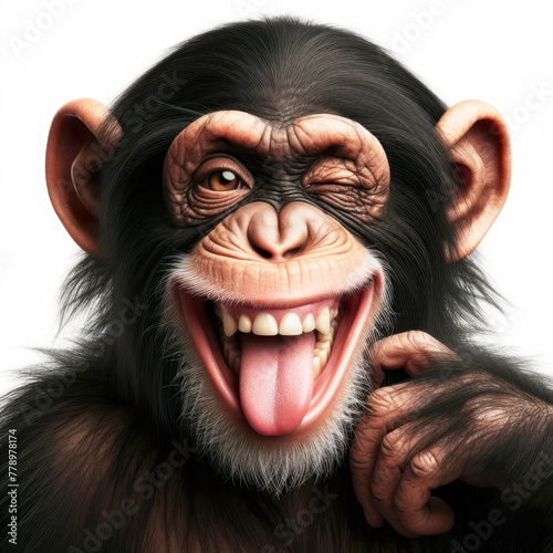 Funny chimpanzee winking and sticking out tongue white background