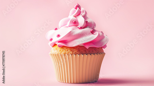 Delicious cupcake, homemade holiday dessert on a pink background.