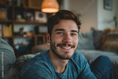 Young beautiful man smiling at camera while relaxing at home 