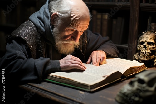 Elderly man reading classic novel in vintage library with antique books and skull on table.