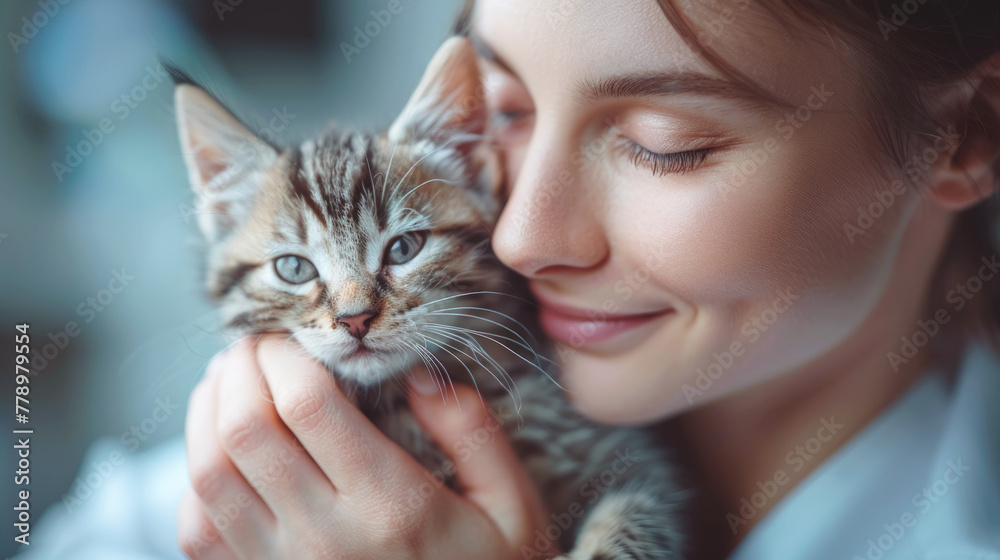 A cute tabby cat nestled comfortably in the arms of his loving owner. A cute tabby cat nestled comfortably in the arms of his loving owner.