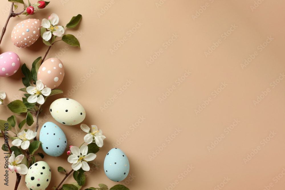 Easter background with eggs and apple blossoms on a beige background. A place to copy. Flat position, top view