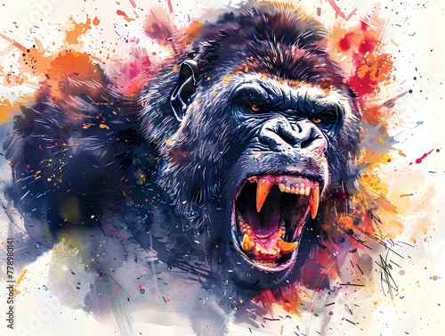 A wild kingkong in full roar, charging directly towards the camera with a fierce expression. The image is captured in a dynamic watercolor style