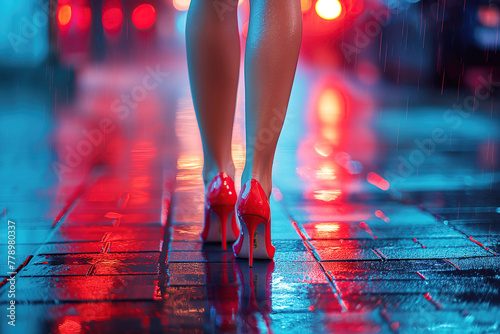 female legs in high-heeled red shoes of woman prostitute on street at night photo