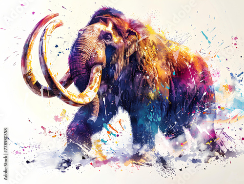 A wild mammoth in full roar, charging directly towards the camera with a fierce expression. The image is captured in a dynamic watercolor style