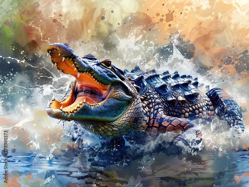 The crocodile roared in full. Charges sideways in front of the camera with a ferocious expression. The image was captured in a dynamic watercolor style.