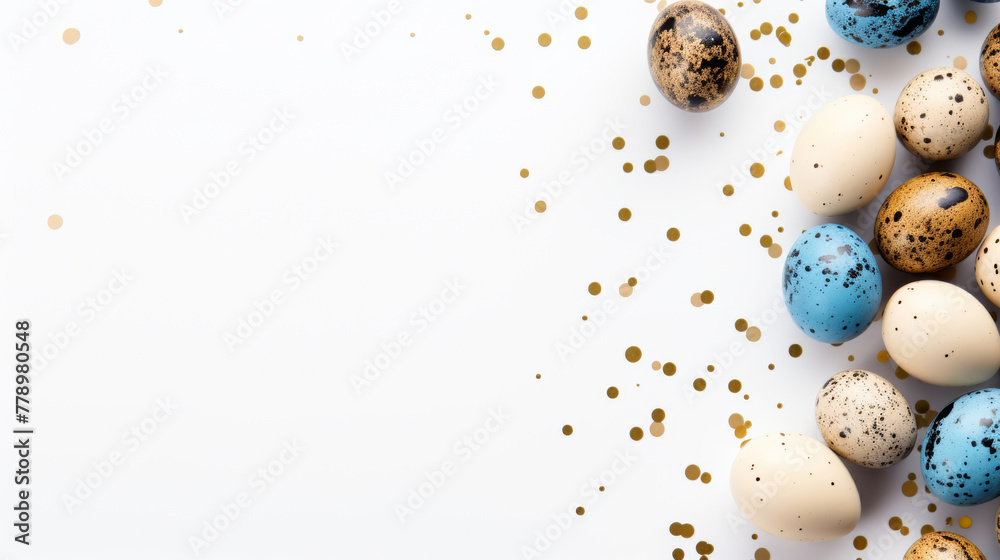 Banner with Easter blue and golden eggs on a white background. A place to copy. Flat layout, top view Banner with Easter blue and golden eggs on a white background. A place to copy. Flat layout, top view