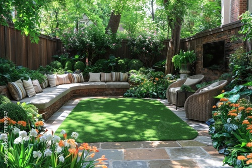 small modern patio garden with artificial grass and rattan furniture inspiration ideas