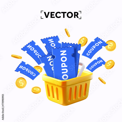 3d coupons or vouchers with yellow shopping basket, golden coins flying around, isolated on background. Special promotion, give away event banner template. 3d vector illustration. Vector illustration